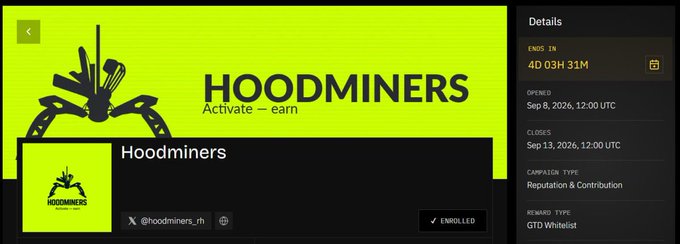 A promotional page for 'HOODMINERS' with the tagline 'Activate → earn,' showing details that it ends in 4D 03H 31M, opened Sep 8, 2026, closes Sep 13, 2026, with a 'GTD Whitelist' reward type and an 'ENROLLED' status.