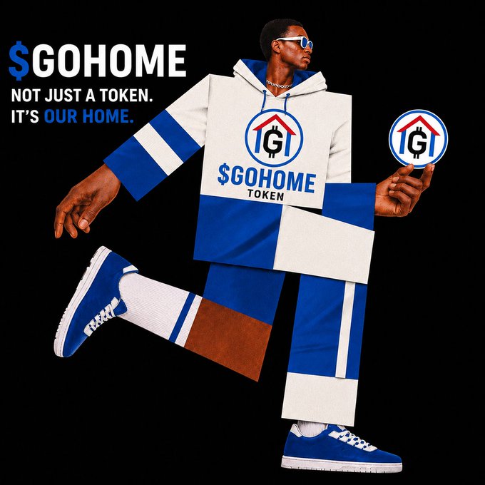 The image features an illustration of a man dressed in blue, white, and brown clothing with a pair of blue shoes. The man appears to be holding two coins or tokens, one of which has the word "GoHome" written on it. The background is black, making the colors of the man's outfit stand out. The image also includes text that reads "Not just a token. It's ours home." This suggests that the man and his tokens are related to cryptocurrency or blockchain technology, possibly representing an investment in this digital currency.