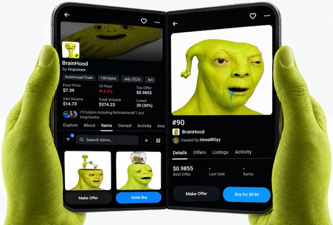 A foldable smartphone held by green alien-like hands displaying an NFT marketplace listing for 'BrainHood' with a floor price of $7.39 and 24h volume of $14.73.