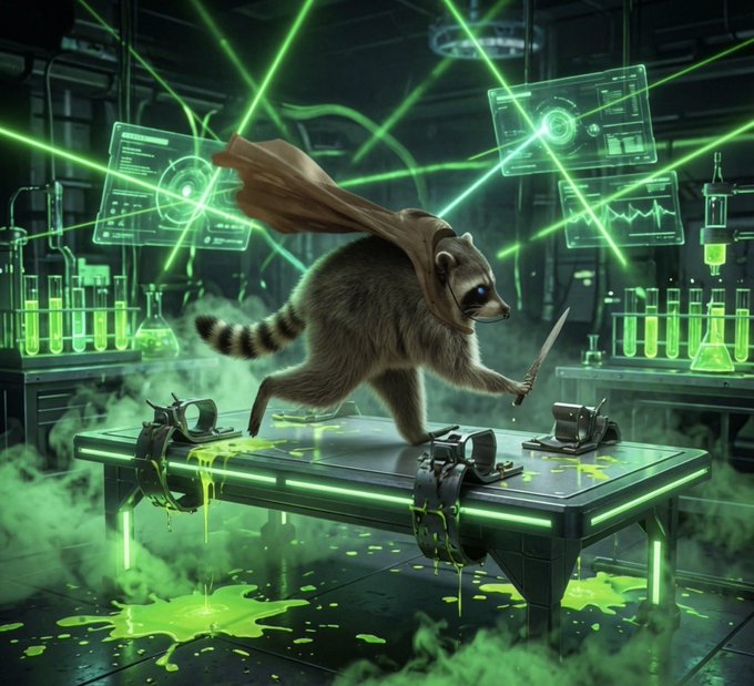 A raccoon wearing a cape and mask wields a knife in a neon-lit green laboratory with beakers and glowing laser screens.