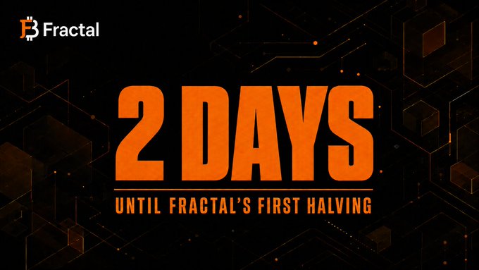 A Fractal cryptocurrency countdown banner with bold orange text reading '2 DAYS UNTIL FRACTAL'S FIRST HALVING' against a dark, tech-inspired background.