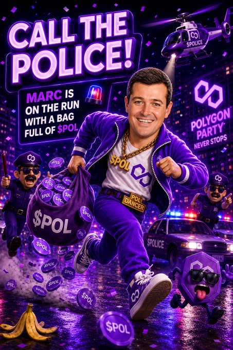 A humorous AI-generated graphic showing a man in a purple tracksuit running with a bag of "$POL" tokens, with text reading "CALL THE POLICE! MARC IS ON THE RUN WITH A BAG FULL OF $POL" and a "POLYGON PARTY" logo.