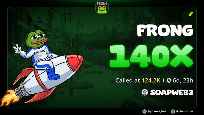 A Pepe the Frog mascot rides a rocket in this promotional graphic for "$FRONG," which displays "FRONG 140X" and "Called at 124.2K" alongside "SOAPWEB3" branding, celebrating the token's 140x gains since being called at the $124K market cap.