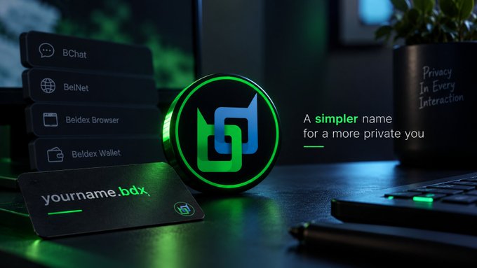 A digital graphic showcases a circular blue and green logo surrounded by product cards for "BChat," "BelNet," "Beldex Browser," and "Beldex Wallet," with the tagline "A simpler name for a more private you" and a sample card reading "yourname.bdx".