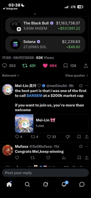 Telegram post showing crypto tokens 'The Black Bull' ($1,163,738.07) and Solana ($2,239.83) with user replies mentioning $ANSEM and $200k market cap.