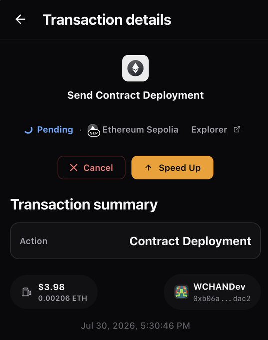 A mobile screen displays a pending 'Send Contract Deployment' transaction on the Ethereum Sepolia network, with a gas fee of $3.98 (0.00206 ETH) and options to Cancel or Speed Up.