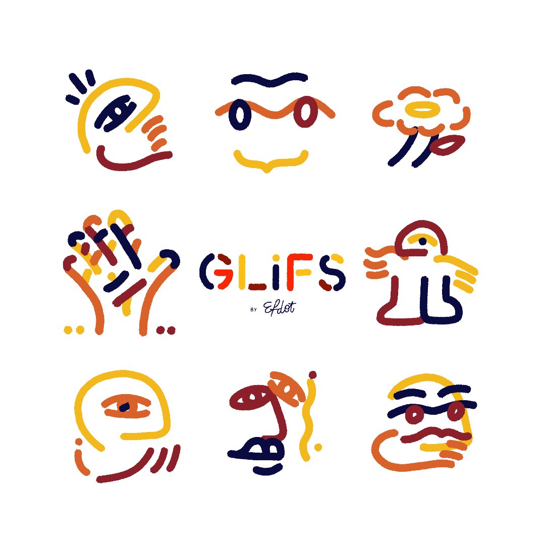 The image features a collection of nine different drawings or illustrations that are related to the concept of "GLiF". These drawings include various facial expressions, hands, flowers, and other objects, all rendered in a simple line art style with bold colors. The text accompanying each drawing reads "GLiF", indicating that these illustrations are part of a series dedicated to the GLiF movement or concept.