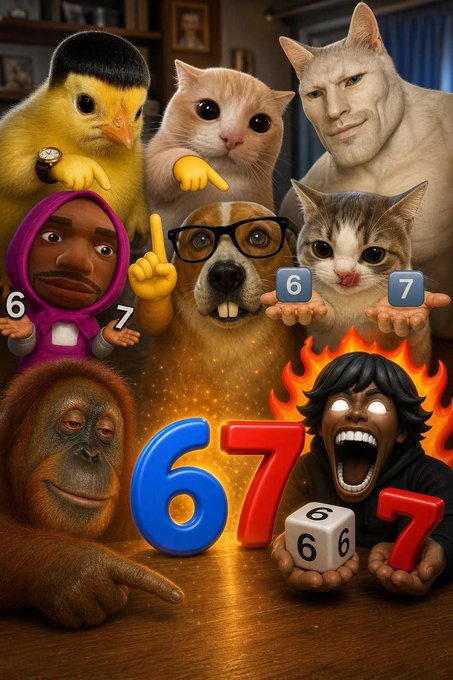 A chaotic meme-style image featuring various animals and characters (duck, cats, dog with glasses, orangutan, screaming man) holding dice and large numbers '6' and '7' symbols.