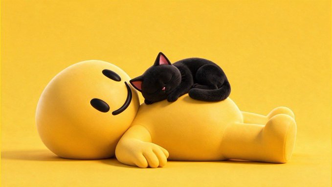 A 3D-rendered illustration of a smiling yellow figure lying on a yellow background while a small black cat sleeps on top of it.