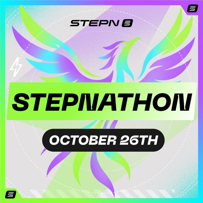 The image is a vibrant promotional graphic for "STEPNATHOM," featuring a colorful phoenix with green, purple, and blue gradient wings rising behind bold text that reads "STEPNATHOM" and "OCTOBER 26TH," with the STEPN logo at the top. It visually complements the post's announcement of Stepnathon 3 launching on October 26th, symbolizing the rising phoenix as endurance-themed challenge takes flight for Season Pass holders.