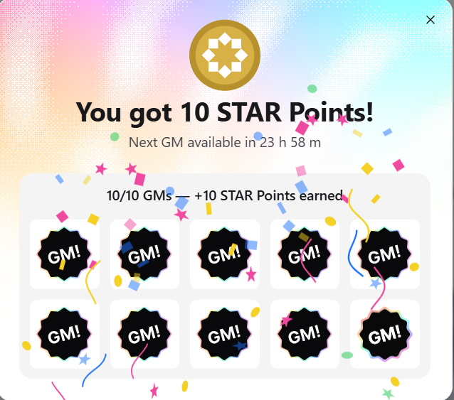 A digital rewards screen announces 'You got 10 STAR Points!' earned from completing 10 out of 10 Grandmaster (GM!) puzzles, with the next GM available in 23 hours and 58 minutes.