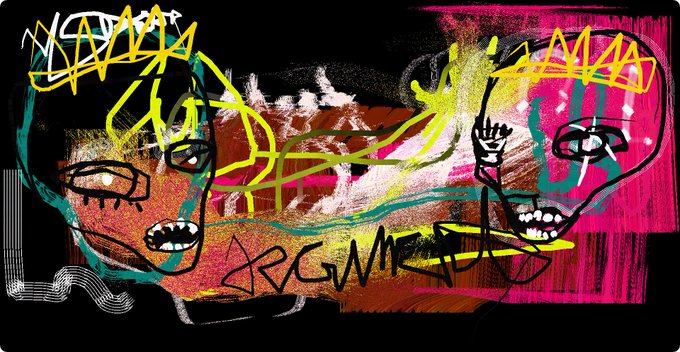 A chaotic, abstract digital painting featuring two distorted faces with bared teeth, crowns of yellow triangles, and graffiti-style scribbles on a black and pink background.