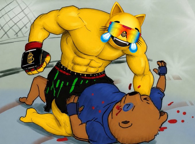 An animated cartoon of a muscular yellow cat with rainbow sunglasses laughing while pounding on a defeated brown bear wearing a blue shirt, with a Bitcoin logo on its glove.