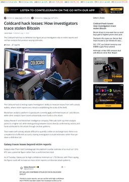 A news article titled "Coldcard hack losses: How investigators trace stolen Bitcoin" features a photo of someone entering a PIN on a Coldcard hardware wallet device.