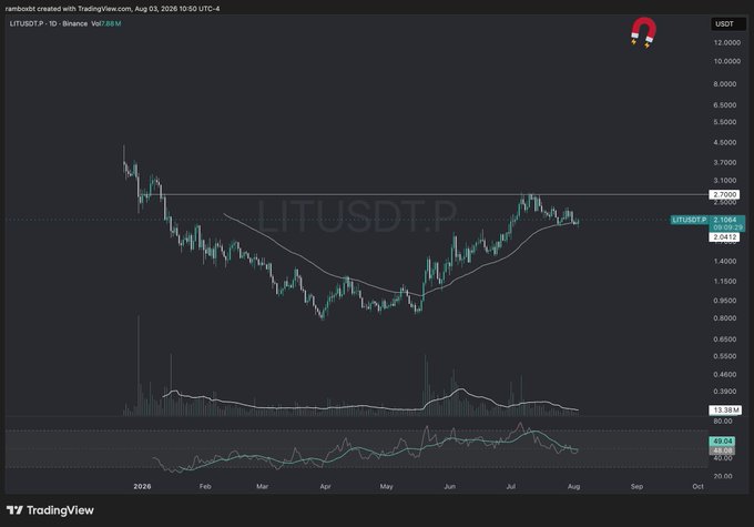 A TradingView chart displays the LITUSDT (Litentry/Binance USDT) cryptocurrency price chart with candlestick patterns, showing price levels around $2.10 and trading volume data over a daily timeframe dated August 03, 2026.