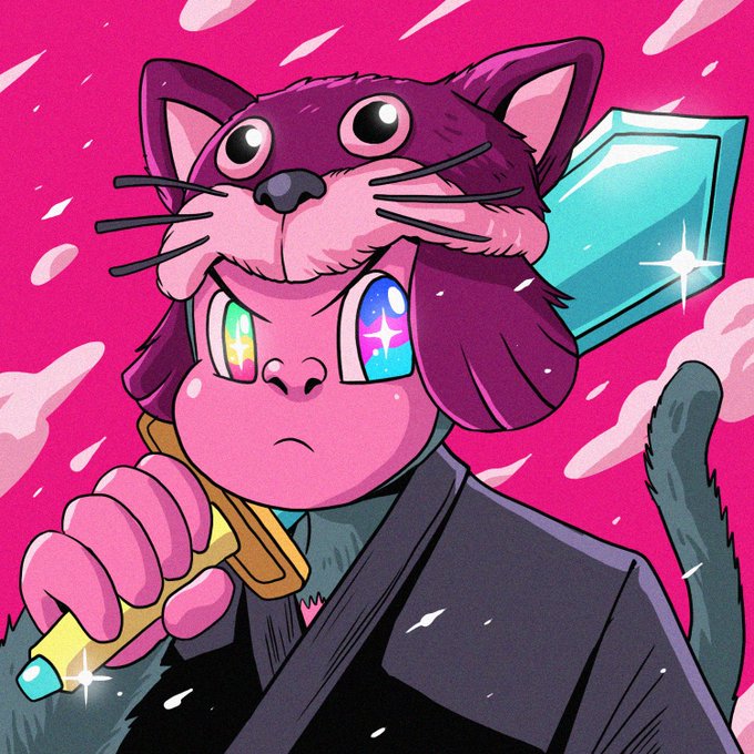A vibrant pink and purple illustration depicts an anime character with starry eyes wearing a cat-eared hat and holding a yellow-handled tool against a magenta background.