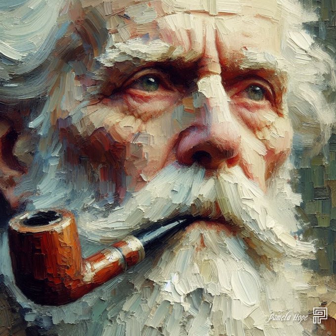 An expressive impasto oil painting depicts an elderly man with a weathered face, flowing white beard, and piercing eyes, calmly smoking a wooden pipe. The signature "Pamela Lope" appears in the lower right, and the piece captures the theme of "Old" through its textured brushwork and the subject's distinguished, aged features.