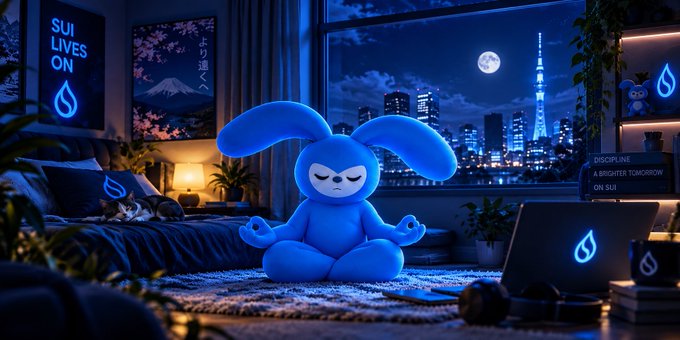 A 3D-rendered blue bunny character meditating in a lotus position in a modern room with a nighttime city skyline view, surrounded by Sui cryptocurrency branding including 'SUI LIVES ON' poster, Tokyo Skytree visible through the window, and 'DISCIPLINE: A BRIGHTER TOMORROW ON SUI' text.