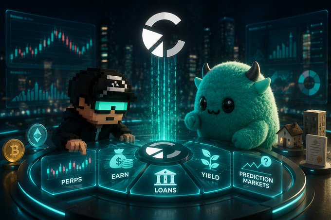 A digital artwork featuring a pixelated character with sunglasses and a teal fuzzy creature, positioned around a glowing platform with labeled sections: PERPS, EARN, LOANS, YIELD, and PREDICTION MARKETS.