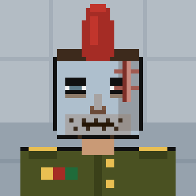 A pixel art character with a light blue face, red plume on their helmet, and green military-style uniform adorned with medals.