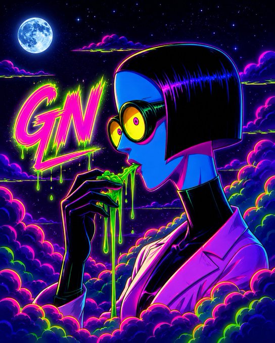 The image features a woman with blue hair wearing glasses and a lab coat, holding a green substance (possibly a type of paint) over her face as if she's eating or licking it. The background consists of neon colors that create an otherworldly atmosphere. The caption reads "GN FAM Keep building with @3look_io And @useTria is turning everything into a simple flow: storage, swap, and payment all in one app".
