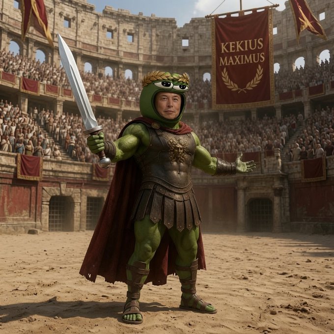 A digital artwork shows a figure resembling Elon Musk dressed as a gladiator in a green Pepe the Frog-themed helmet and armor, holding a sword in a Roman colosseum with a 'KEKIUS MAXIMUS' banner overhead.