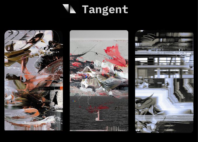 A digital artwork display titled 'Tangent' featuring three panels of abstract, glitch-style compositions with red and white accents.