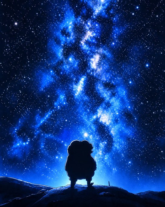 An anime-style silhouette of a round, bear-like character standing on a snowy ridge, gazing up at a vibrant, star-filled blue night sky or galaxy.