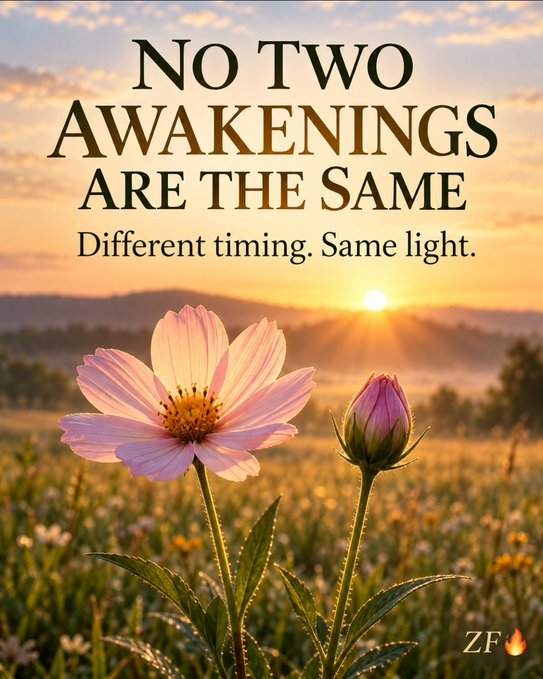 An inspirational graphic featuring pink flowers in a field at sunrise/sunset with the text 'No two awakenings are the same. Different timing. Same light.'