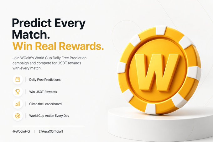 Promotional banner for WCoin's World Cup Daily Free Prediction campaign with the text 'Predict Every Match. Win Real Rewards.' featuring a large gold poker chip with the 'W' logo, handles @WcoinHQ and @AuraXOfficial, and bullet points including 'Daily Free Predictions' and 'Win USDT Rewards'.