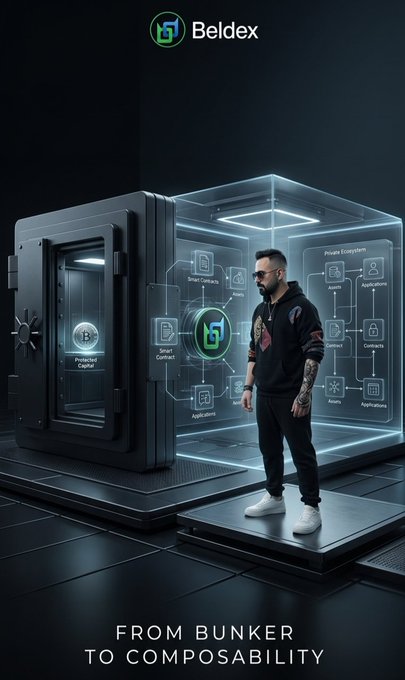 A promotional poster for 'Beldex' featuring a man in a hoodie standing inside a glass vault labeled with 'Private Ecosystem' features, captioned 'FROM BUNKER TO COMPOSABILITY'.