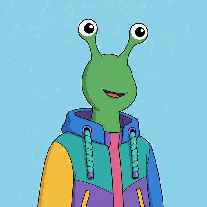 A cartoon illustration of a friendly green alien character with large eyes on stalks, wearing a colorful hoodie.