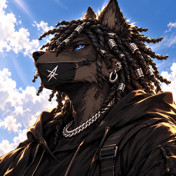 A stylized anthropomorphic wolf character with braided dreadlocks adorned with silver beads wears a black face mask featuring a star logo, paired with a hooded jacket and chain necklace against a cloudy blue sky. The image ties into the "$PACK BROTHERHOOD" giveaway post, visually representing the bold, streetwear-inspired mascot of the community rallying members to engage and win a $100 prize.