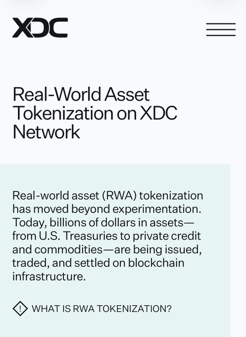 A screenshot from XDC Network's website featuring the headline 'Real-World Asset Tokenization on XDC Network' with text explaining RWA tokenization moving beyond experimentation.