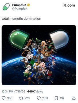 A tweet from Pump.fun (@Pumpfun) posted at 12:34 PM · 7/16/26 with 446K views, featuring the caption "total memetic domination" above an image of cartoon characters emerging from a split green and white capsule over Earth.
