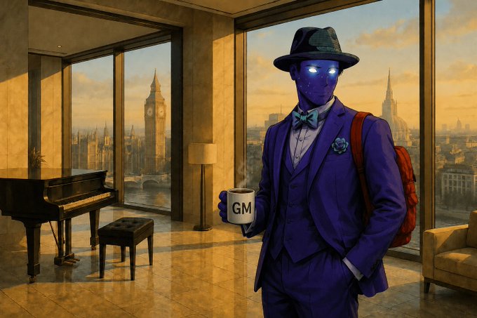 The image features a man dressed in a suit, hat, and bow tie standing next to a piano with a cup of coffee in his hand. The background shows a cityscape with tall buildings, including one that has a clock tower on top. There is also a painting of a city visible in the scene. The post reads "can i get a gm? @SolanaEvents I’ll be at Breakpoint London", which suggests that this image might have been created for an event or promotion related to the music industry, specifically featuring a piano and a man dressed as a musician.
