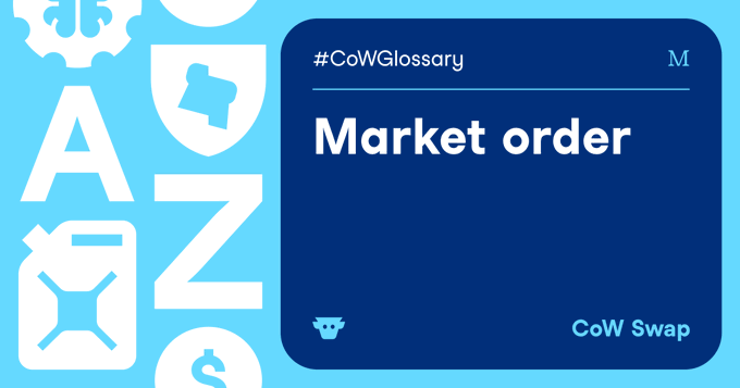 A graphic titled '#CoWGlossary Market order' with 'CoW Swap' branding, featuring icons on a light blue background.