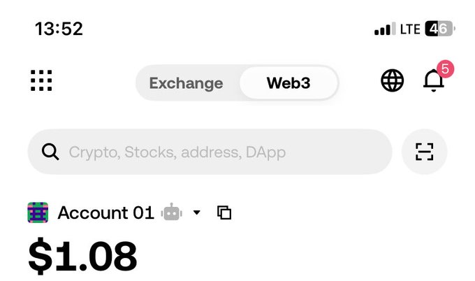 A mobile app screenshot showing a cryptocurrency wallet interface with 'Web3' tab selected, a search bar for 'Crypto, Stocks, address, DApp', and an 'Account 01' balance of $1.08.