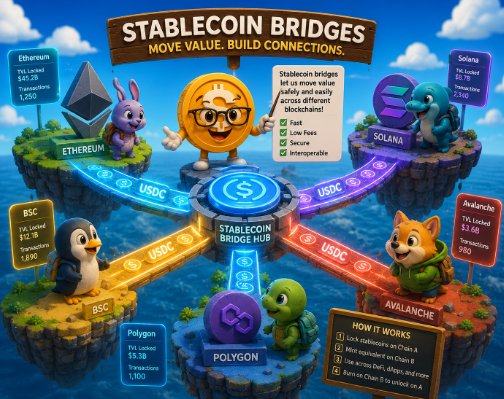 An infographic titled "STABLECOIN BRIDGES" showing cartoon mascots representing Ethereum, BSC, Polygon, Solana, and Avalanche connected via USDC bridges through a central hub.