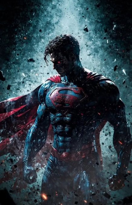 The image features a man dressed as Superman with his cape flying behind him, standing against a dark background that looks like a stormy night sky. The scene appears to be set in a dark room or studio where there are numerous pieces of debris scattered around, giving an impression of chaos and destruction. The post seems to be discussing the ongoing activities on Twitter, as it mentions @River4fun and @SatUSD, which could potentially be related to the image's content.