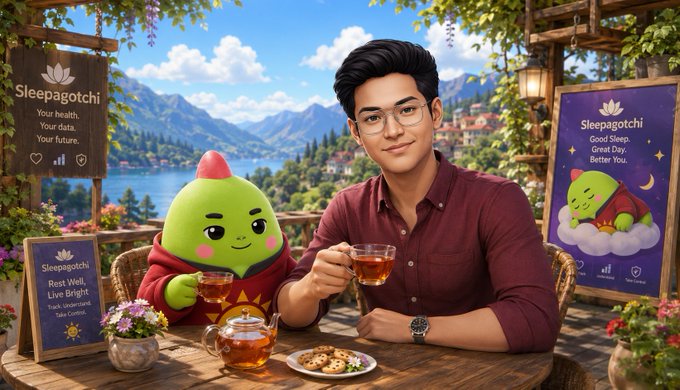 An illustrated promotional image for 'Sleepagotchi' featuring a man and a green mascot character sharing tea at a table with a scenic mountain lake background; signage reads 'Sleepagotchi - Your health. Your data. Your future.' and 'Sleepagotchi - Good Sleep, Great Day, Better You.'
