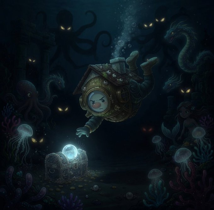 The image features an underwater scene with a mermaid, mermaids, and octopuses. The mermaids are swimming around the mermaid who has her arms outstretched towards them. One of the mermaids is holding a treasure chest in its hands. There's also a mermaid standing on top of a rock near the bottom right corner of the image. In addition to these characters, there are several jellyfish floating nearby. The background of the image is dark and filled with water, creating an underwater atmosphere.