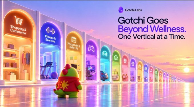 The image showcases the Gotchi Labs brand with the tagline "Gotchi Goes Beyond Wellness. One Vertical at a Time," featuring a colorful cartoon character standing before a vibrant row of arched doorways labeled with categories like Shopping & Commerce, Fitness & Exercise, and Productivity & Daily Life. This visually aligns with the post's message about how Gotchi Labs focuses on building specialized AI for different verticals—having already established success in Health & Wellness (with their Sleepagotchi platform reaching 500K+ registered users) before expanding into new lifestyle categories.
