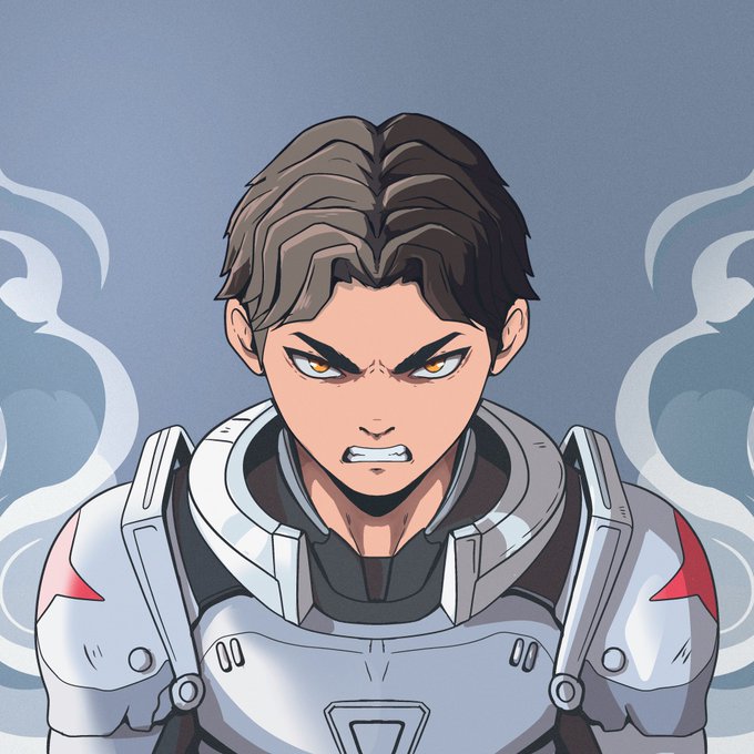 A cartoon-style illustration of a fierce-looking young man with brown hair and glowing orange eyes, wearing futuristic white and red armor with steam rising on either side.