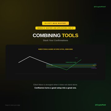 This image from "ELLIOTT WAVE MASTERY: MODULE 8: MASTERY AND APPLICATION | DAY 47" illustrates the concept of "COMBINING TOOLS" and "Stacking Your Confirmations" by showing how multiple indicators or tools aligning on a chart increase the probability of a successful trade.