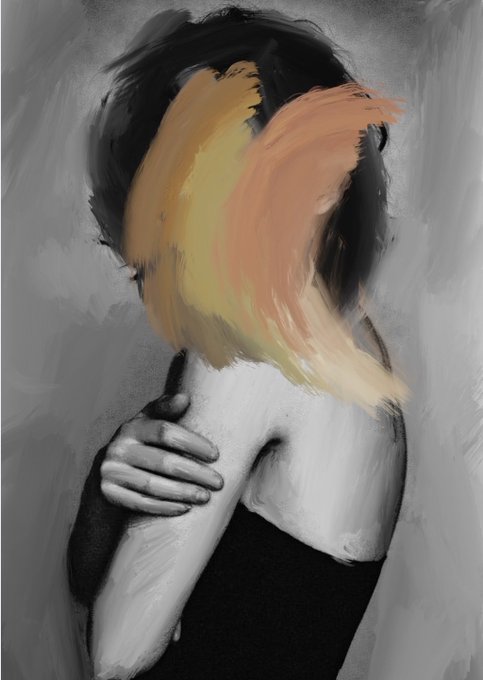 An artistic black and white illustration of a person with vibrant orange, yellow, and pink brushstrokes covering their head and upper body, embracing themselves with one hand on their shoulder.