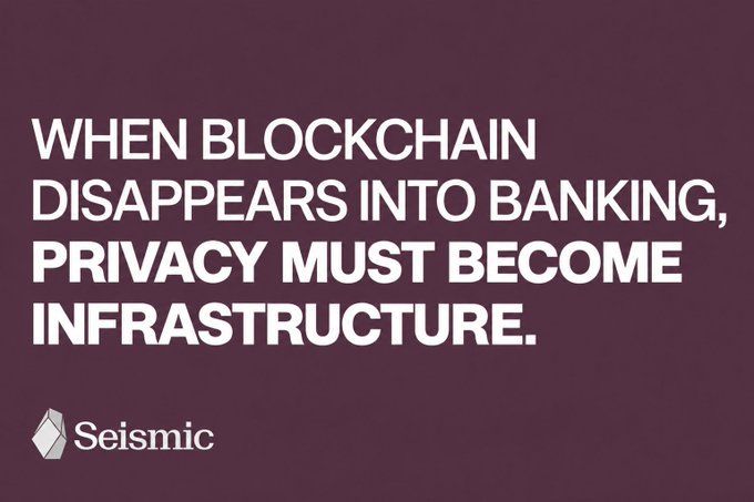 A maroon graphic with white text reading 'WHEN BLOCKCHAIN DISAPPEARS INTO BANKING, PRIVACY MUST BECOME INFRASTRUCTURE.' with the 'Seismic' logo in the bottom left.