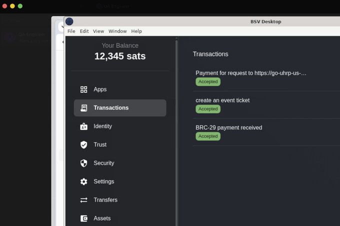 A screenshot of BSV Desktop shows a balance of 12,345 sats alongside a Transactions panel with three accepted entries, including a "create an event ticket" transaction. This reflects the post about a Grok Bot QA Engineer that has been given its own BSV Desktop wallet for managing payments and identity.
