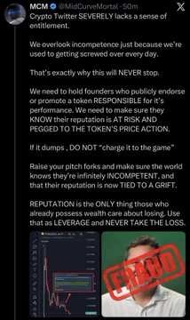 The image is an X (formerly Twitter) post by "Crypto Twitter SEVERELY lacks a sense of entitlement" with lengthy text criticizing scammers and emphasizing that reputation is tied to a "GRIFT," overlaid with a large red "FRAUD" stamp and a chart on the bottom left. The accompanying post about Mike Dudas suggests this image is being used to mock Dudas or his associates, highlighting accusations of fraud or grifting in the crypto space.