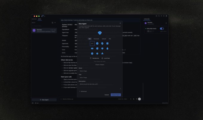 A dark-themed macOS application window displays a "New Agent" configuration dialog, with fields for naming the agent and selecting a model (Options, Llama3, Phi), alongside a sidebar listing various AI models like Hermes, Agent Zero, Nous, and Yi. The image visually reinforces the post about building a "hermes-bot" app using the Hermes AI model from Nous Research, showcasing the interface where this customization takes place.